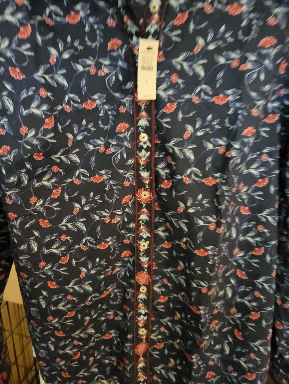 Talbots Navy Floral Button-Down Shirt with Red and Light Blue Accents